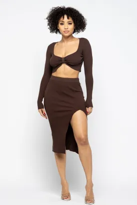 Hot Girl Coco High Slit Skirt Two Piece Set In Chocolate Brown