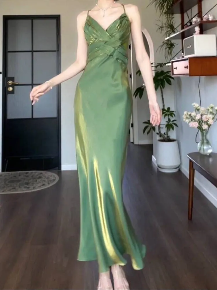 IKERRLAX Good Job [Miss Hera] Atonement Green Strap Evening Dress Summer Design Sense Slim White Dress