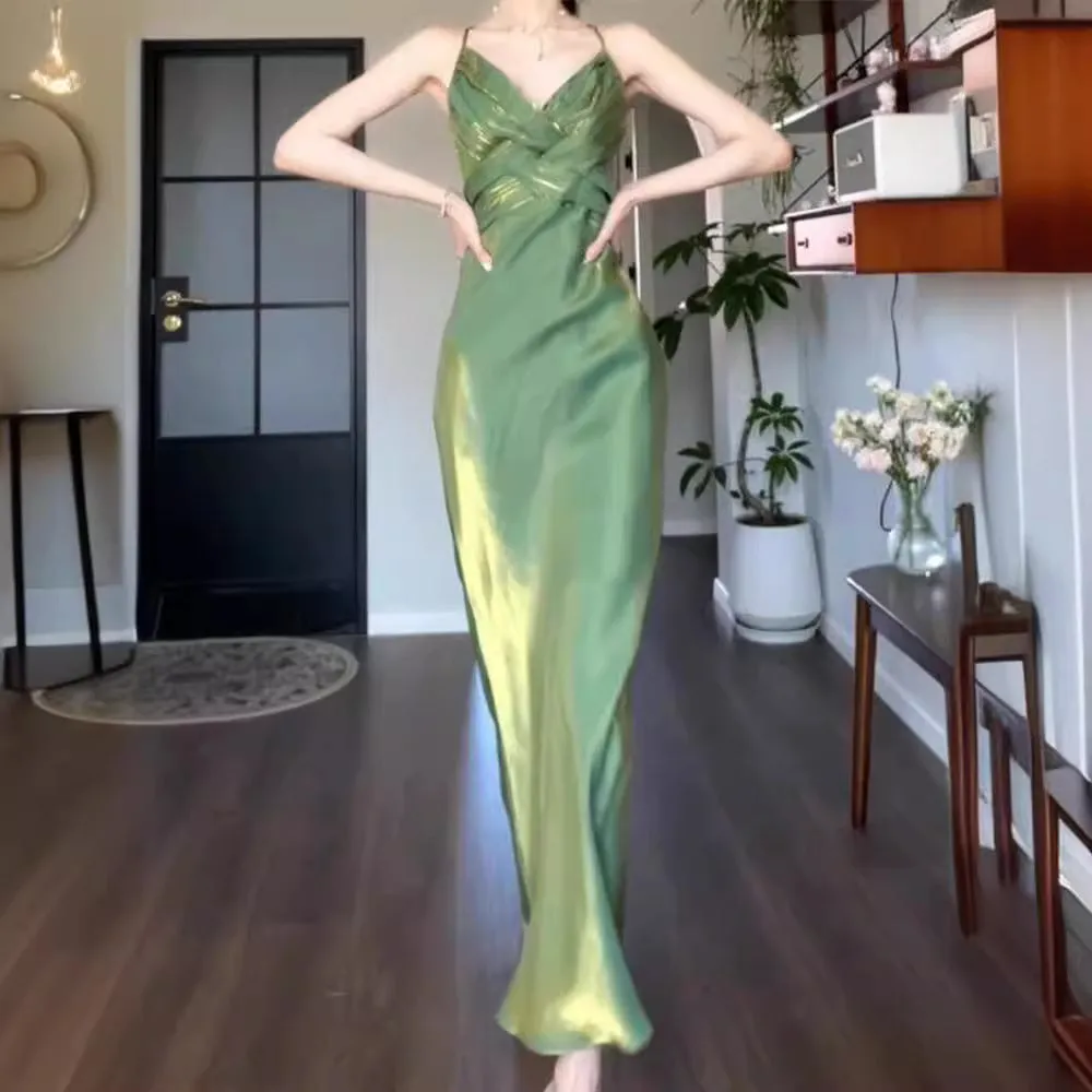 IKERRLAX Good Job [Miss Hera] Atonement Green Strap Evening Dress Summer Design Sense Slim White Dress