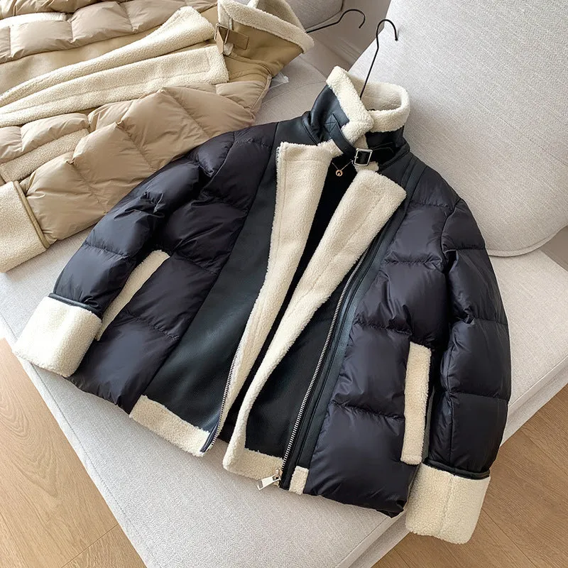 Lamb wool fur splicing integrated down jacket women's short loose high-end fashion luxury European goods winter 2023