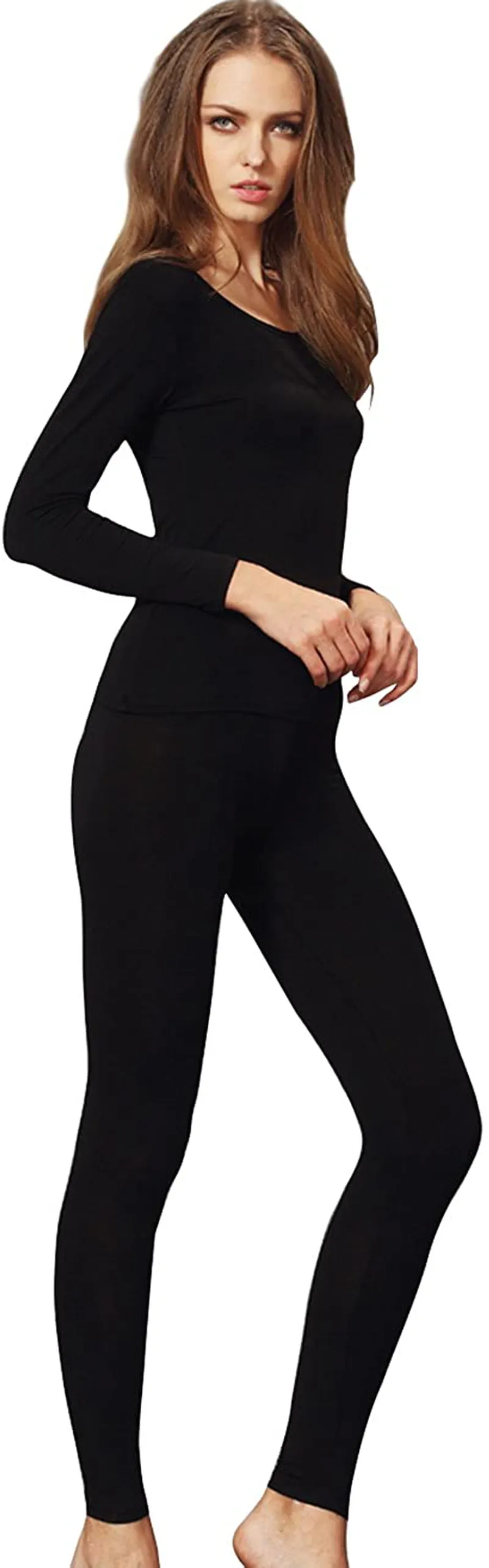 Liang Rou Women's Scoop Neck Long Johns Ultra Thin Modal Thermal Underwear Top & Bottom Set