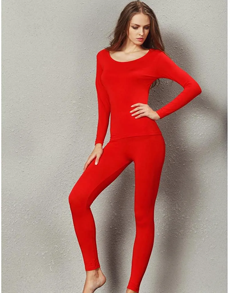 Liang Rou Women's Scoop Neck Long Johns Ultra Thin Modal Thermal Underwear Top & Bottom Set