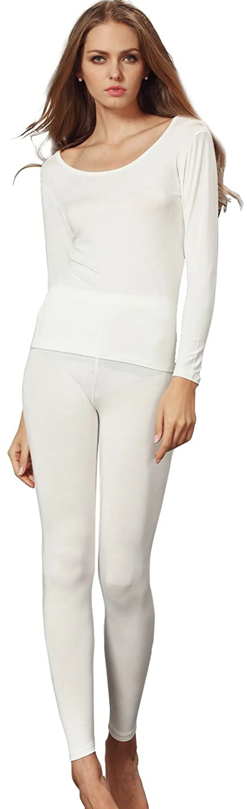 Liang Rou Women's Scoop Neck Long Johns Ultra Thin Modal Thermal Underwear Top & Bottom Set