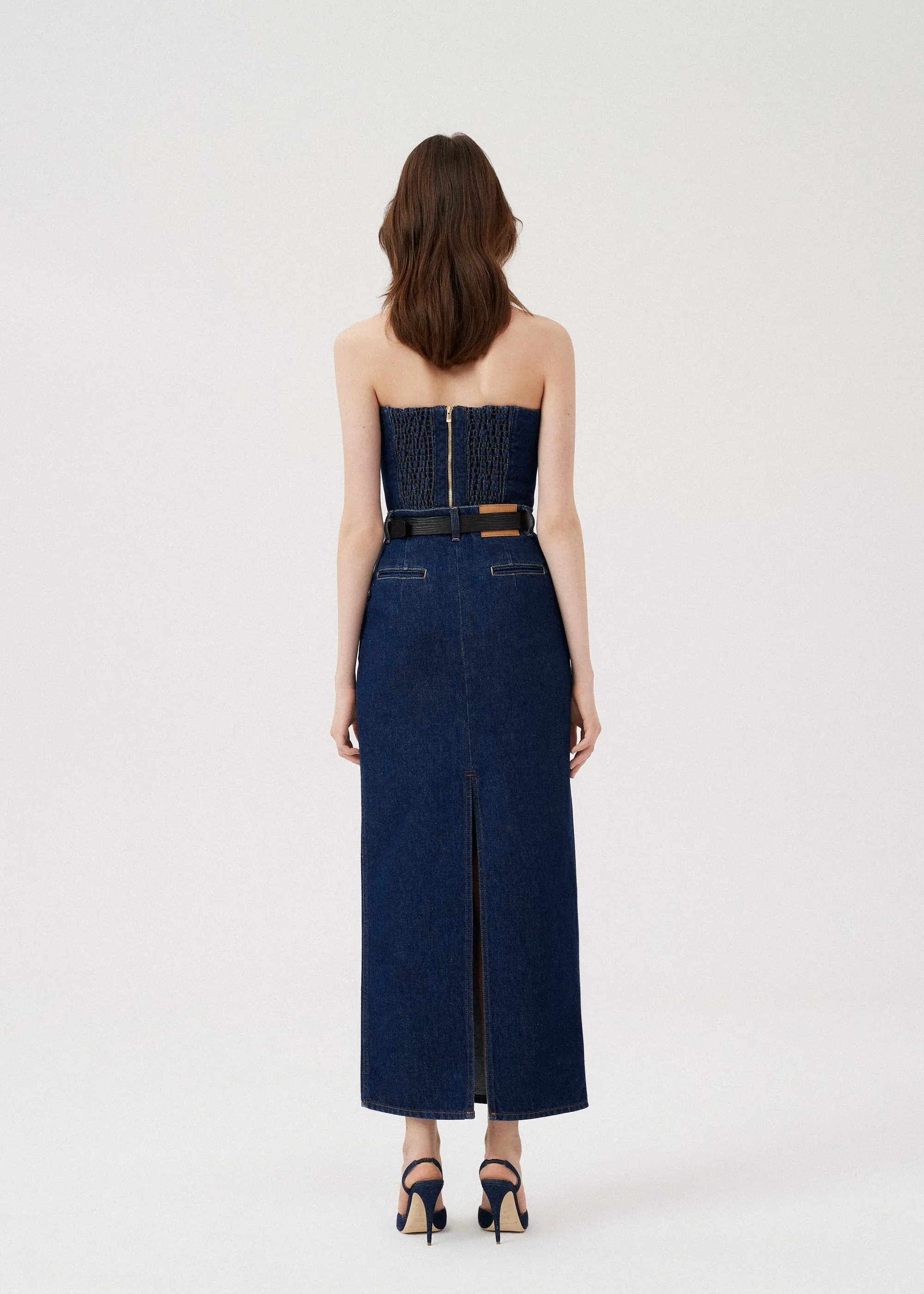 Long denim skirt in indigo