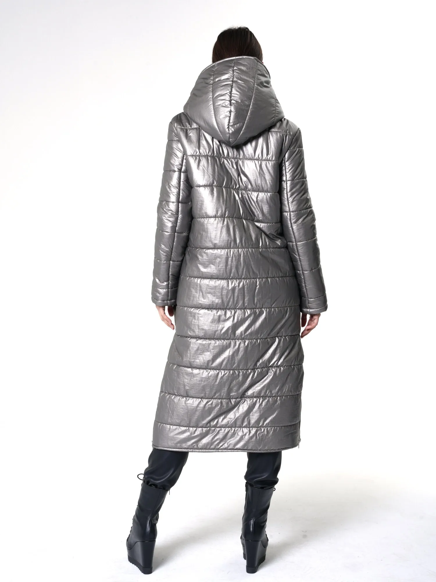 Long Silver Puffer Jacket With Oversize Pockets