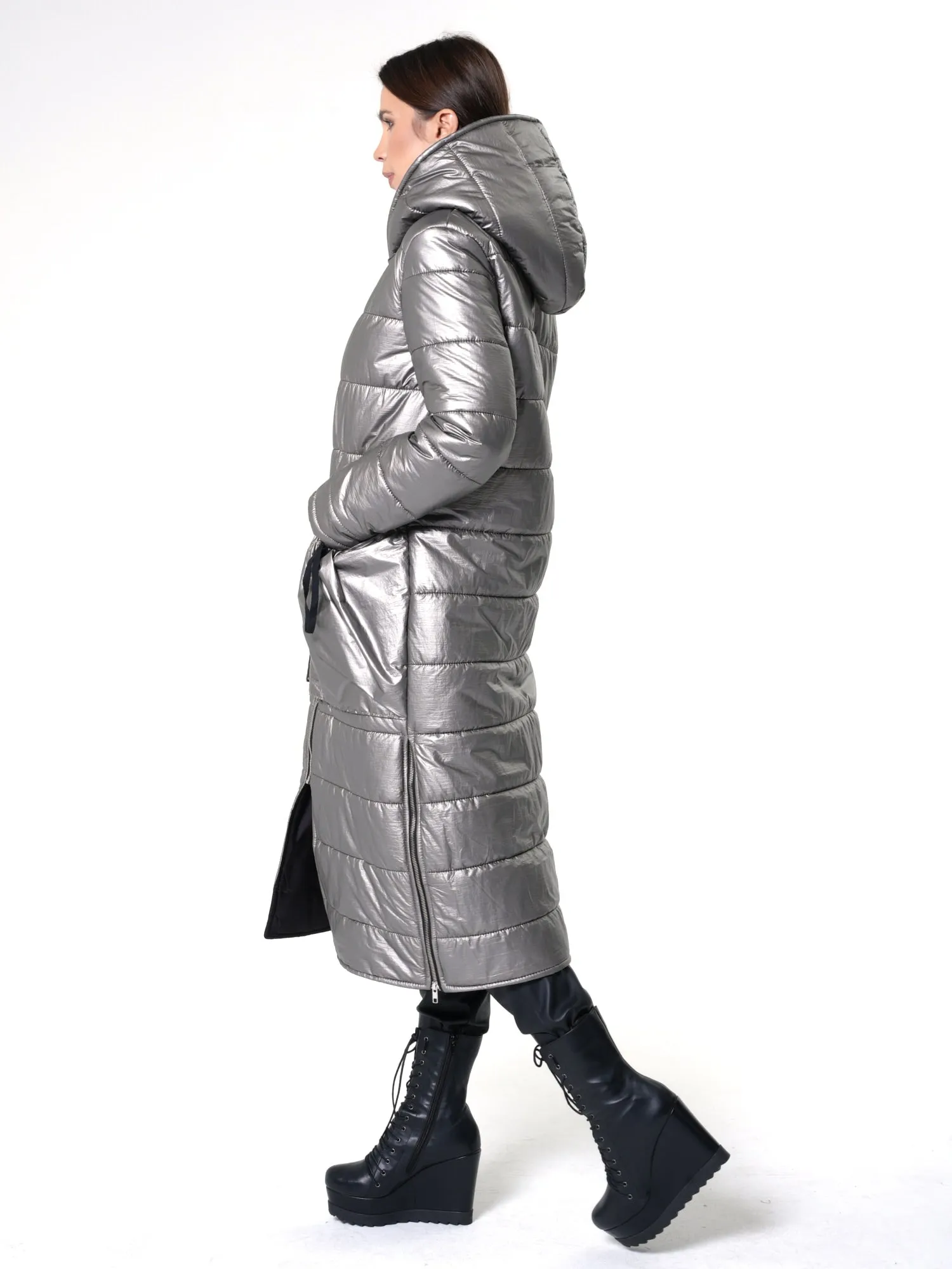 Long Silver Puffer Jacket With Oversize Pockets