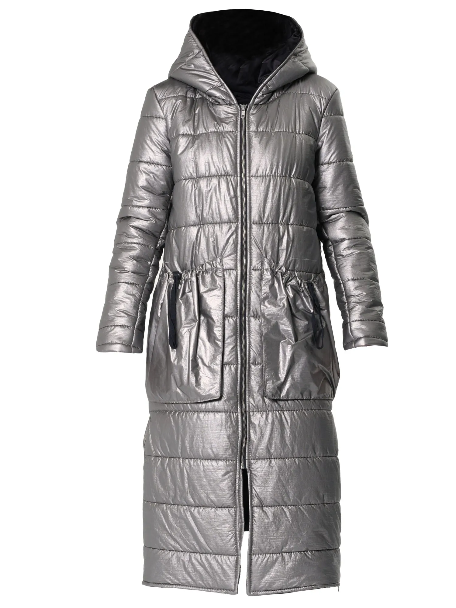 Long Silver Puffer Jacket With Oversize Pockets