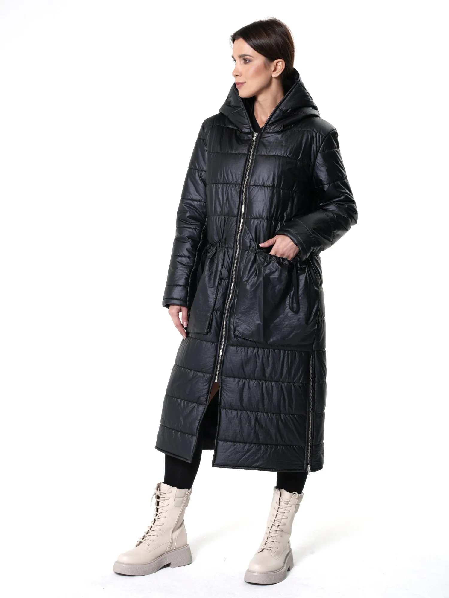 Long Silver Puffer Jacket With Oversize Pockets