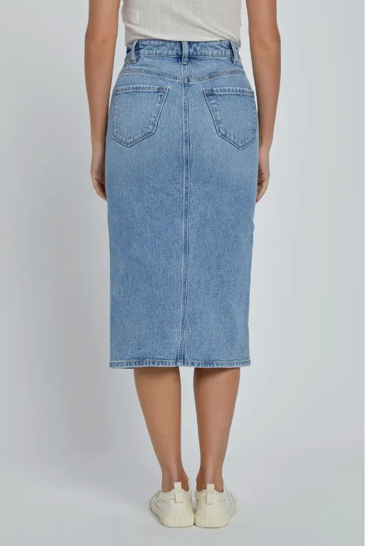 Lorena High Rise Jean Midi Skirt