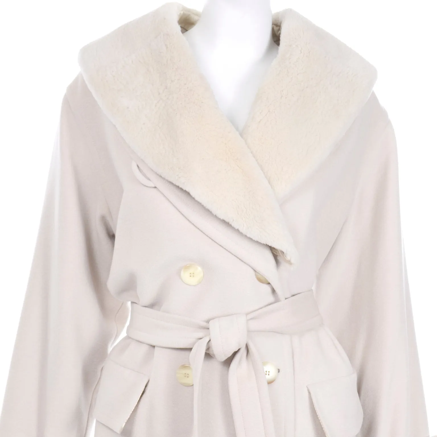 Louis Feraud Vintage Cream Cashmere Blend Coat W Removable Fur Collar