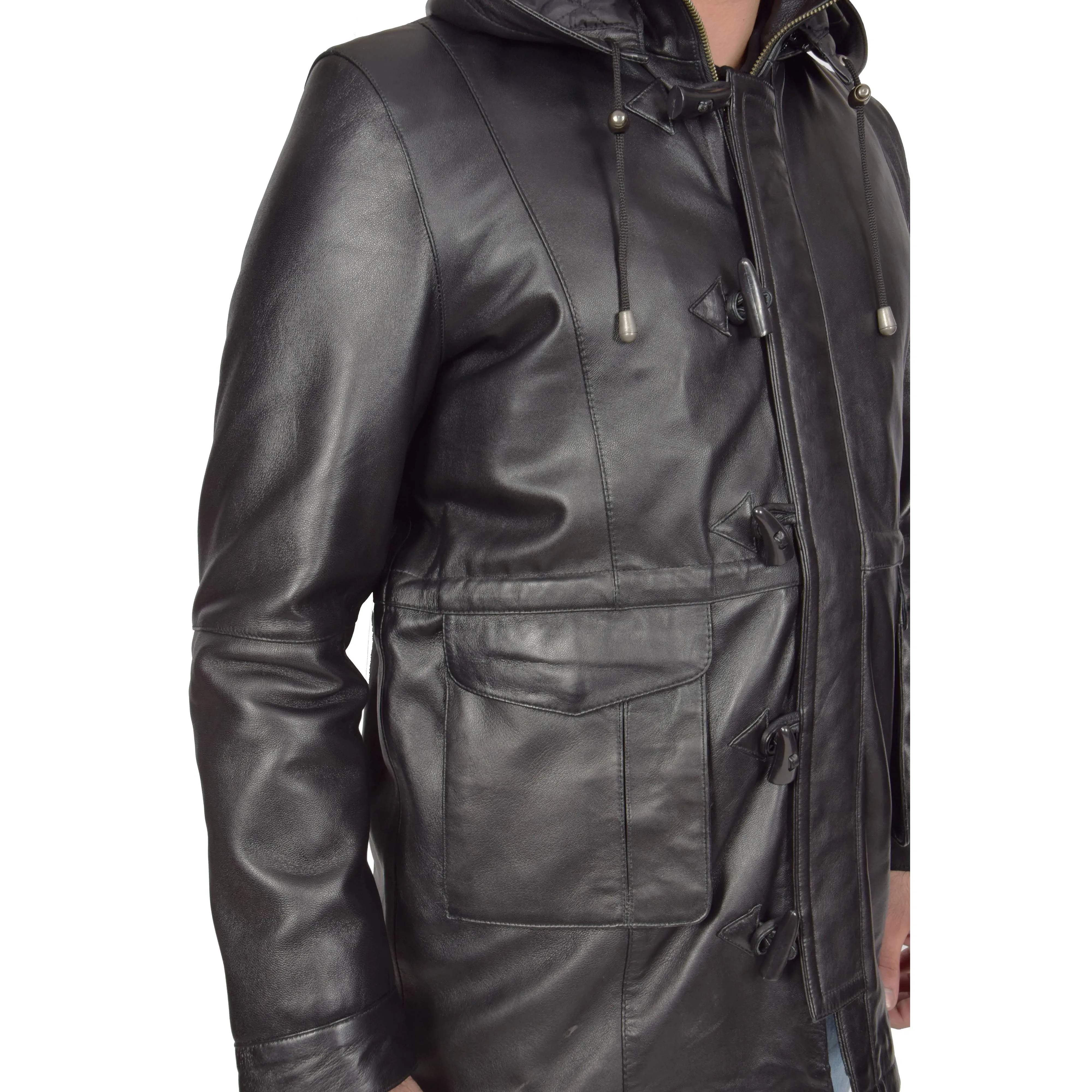 Mens Duffle Leather Coat Classic Horn Toggles Jacket Mack Black