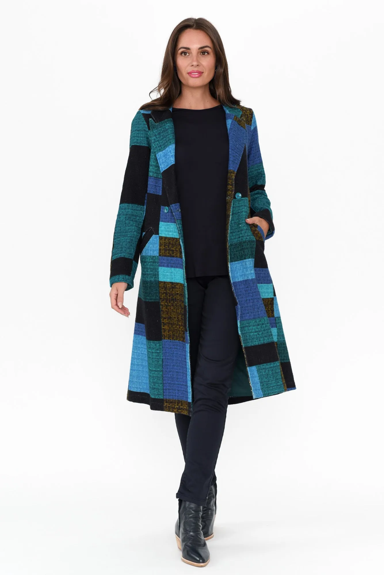 Nasam Blue Tartan Cotton Pocket Coat