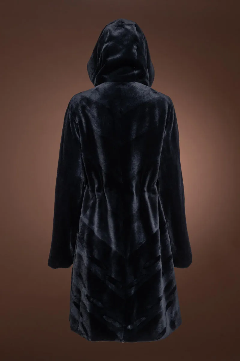 Navy Blue Reversible Hooded Sheared Mid-Length Mink Fur Coat