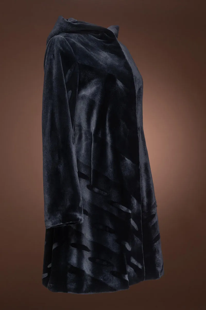 Navy Blue Reversible Hooded Sheared Mid-Length Mink Fur Coat