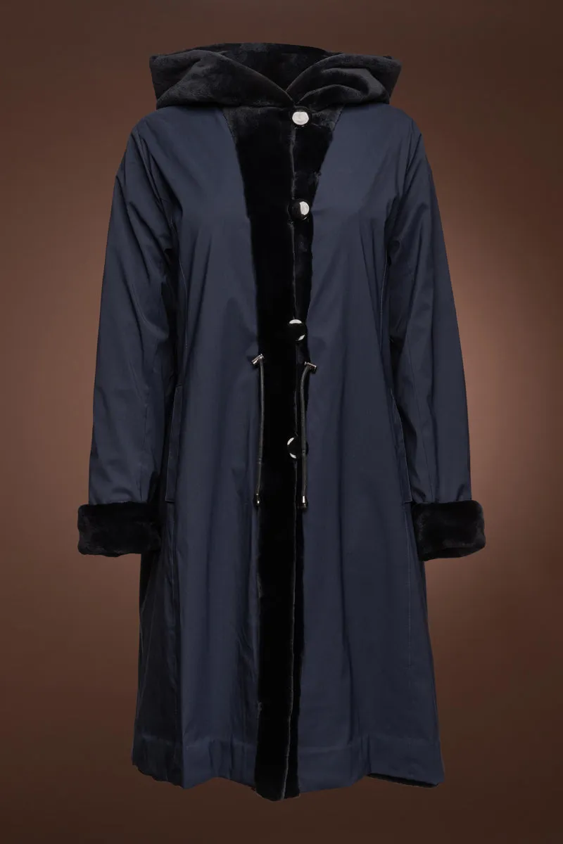 Navy Blue Reversible Hooded Sheared Mid-Length Mink Fur Coat