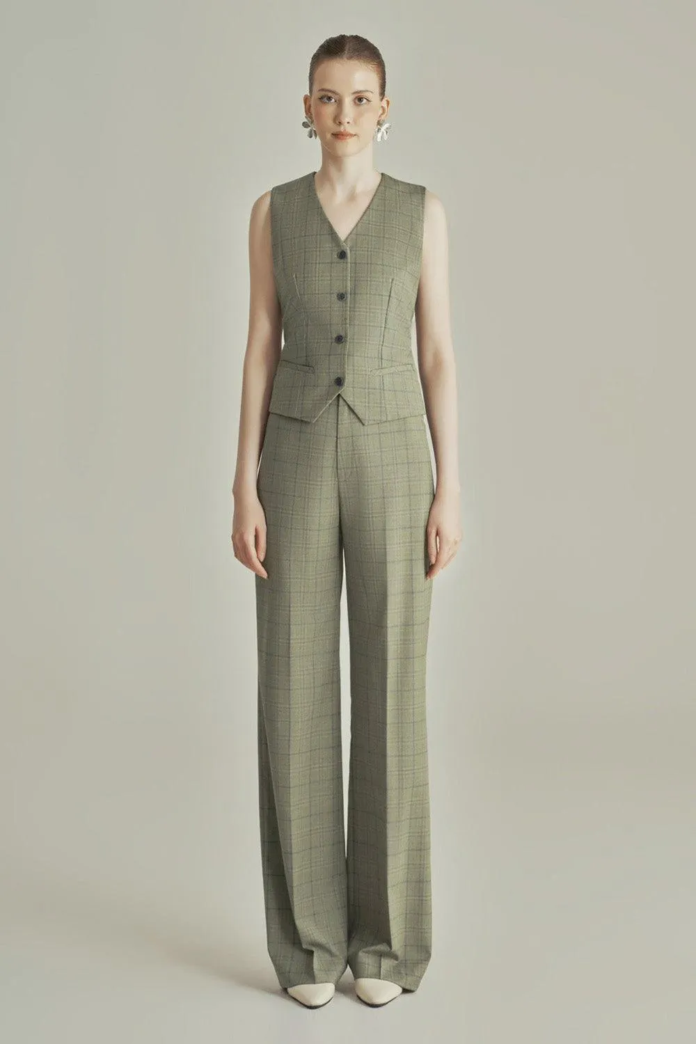 Olive Straight Front Zipper Poly Wool Floor Length Pants