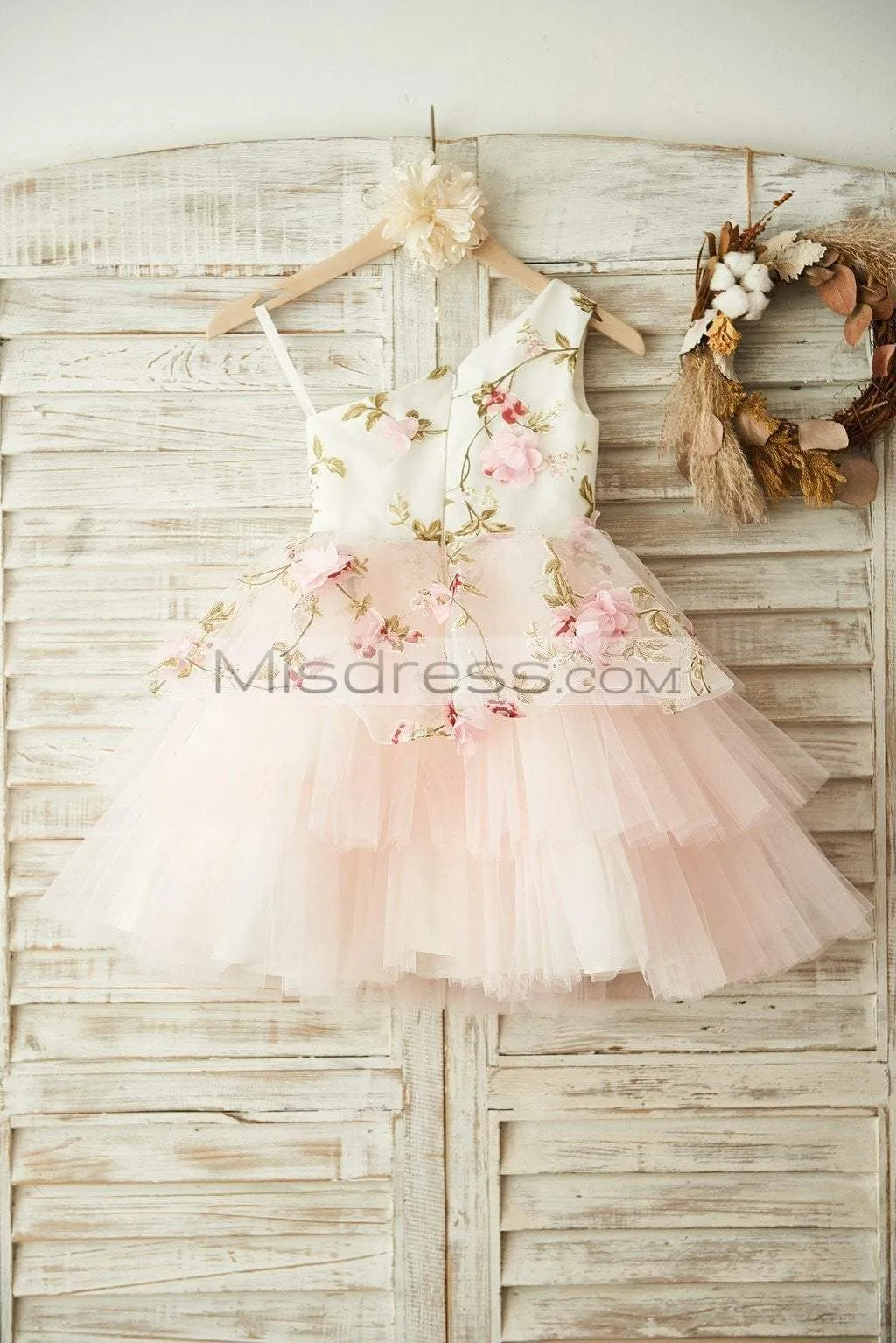 One Shoulder Floral Organza Pink Tulle Cupcake Wedding Flower Girl Dress