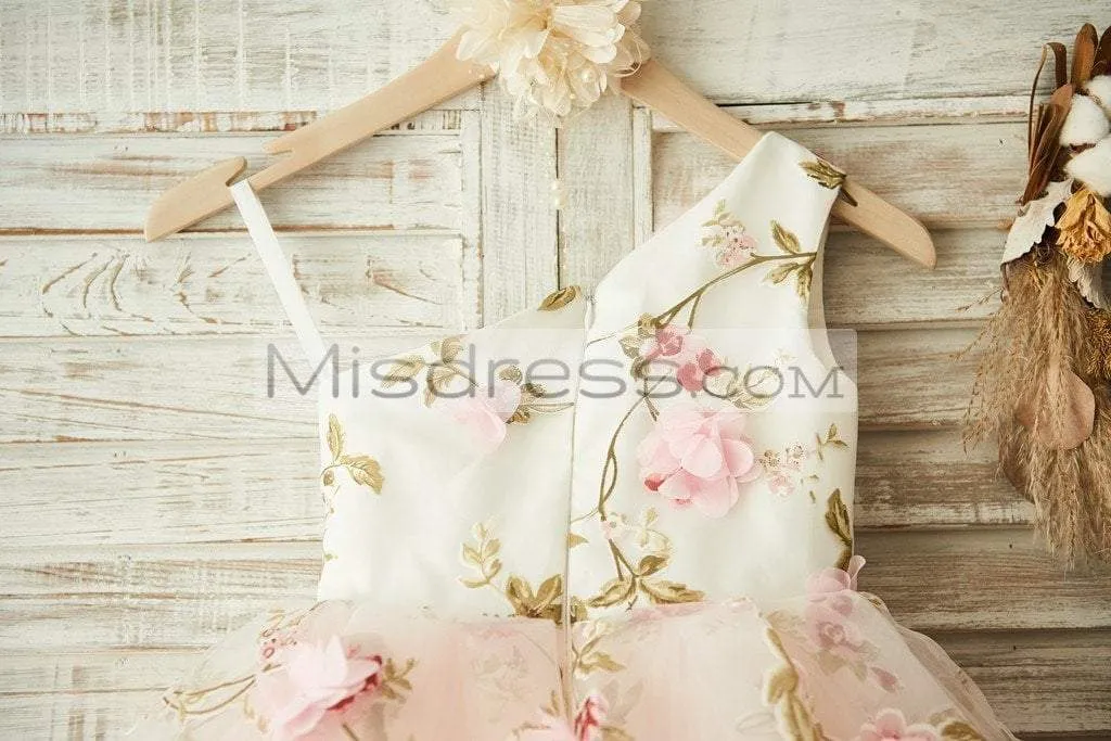 One Shoulder Floral Organza Pink Tulle Cupcake Wedding Flower Girl Dress