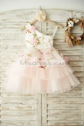 One Shoulder Floral Organza Pink Tulle Cupcake Wedding Flower Girl Dress