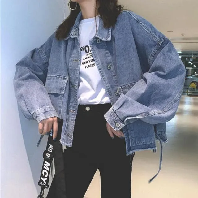 Oversized Denim Jacket With Ripped Hem And Pockets