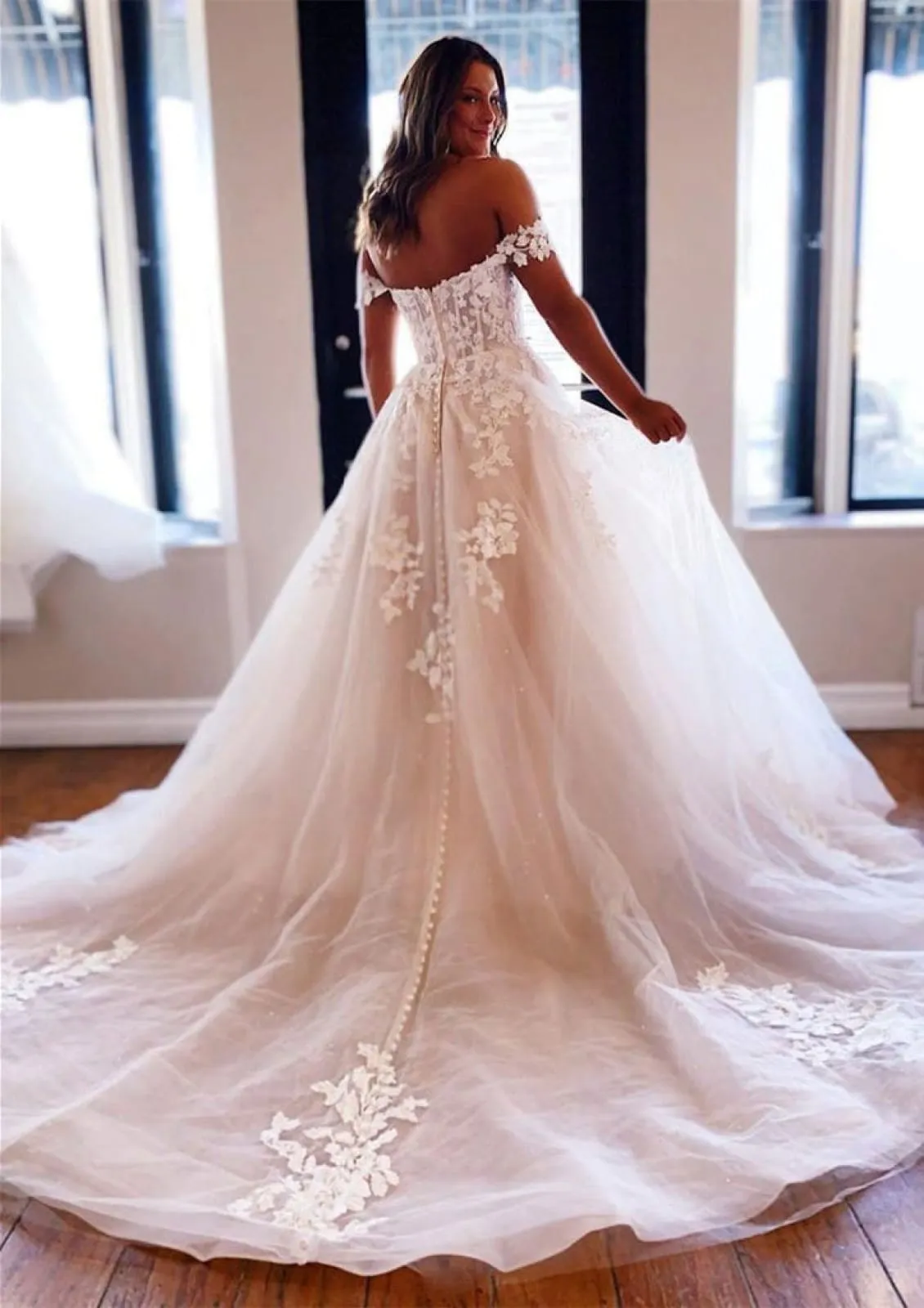 Princess Off Shoulder Chapel Tulle Wedding Dress, Lace Beading