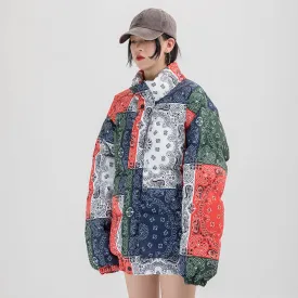 Printed stand collar cotton coat