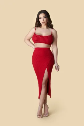 Red Knitted High Slit Midi Skirt