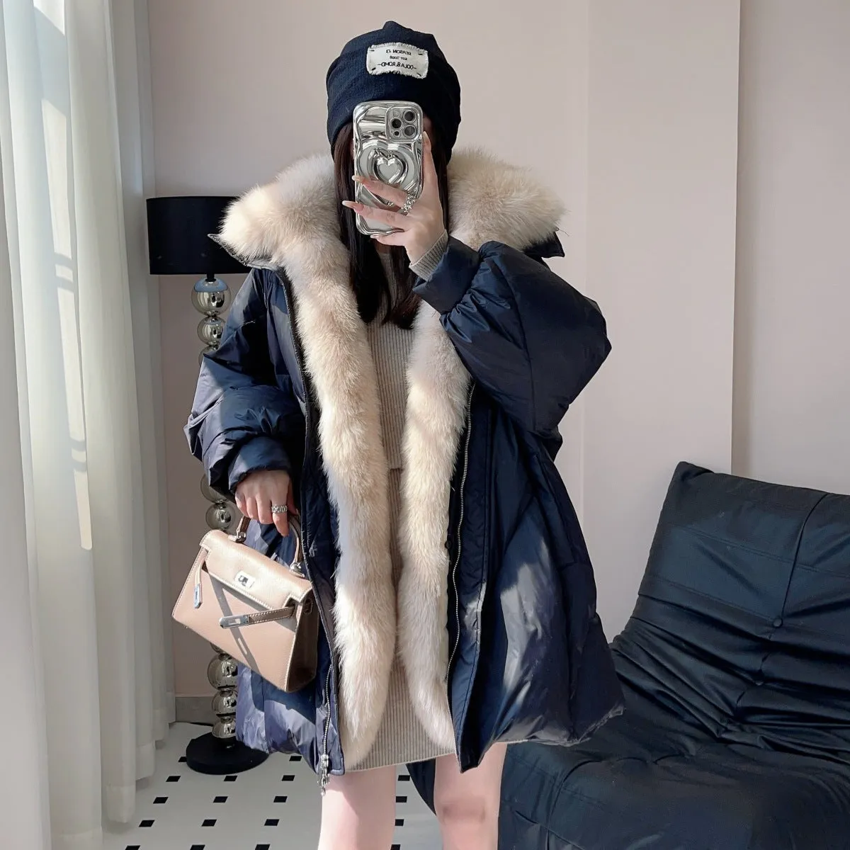 Removable fox fur collar loose wide version fur goose down jacket women's medium and long 2023 winter coat coat