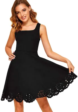 Romwe Women's A Line Swing Sleeveless Scalloped Flare Cocktail Party Dress