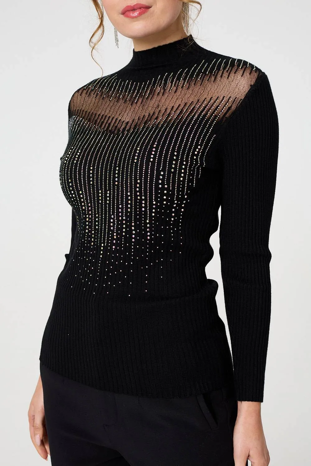 Sequin Embellished High Neck Knit Top