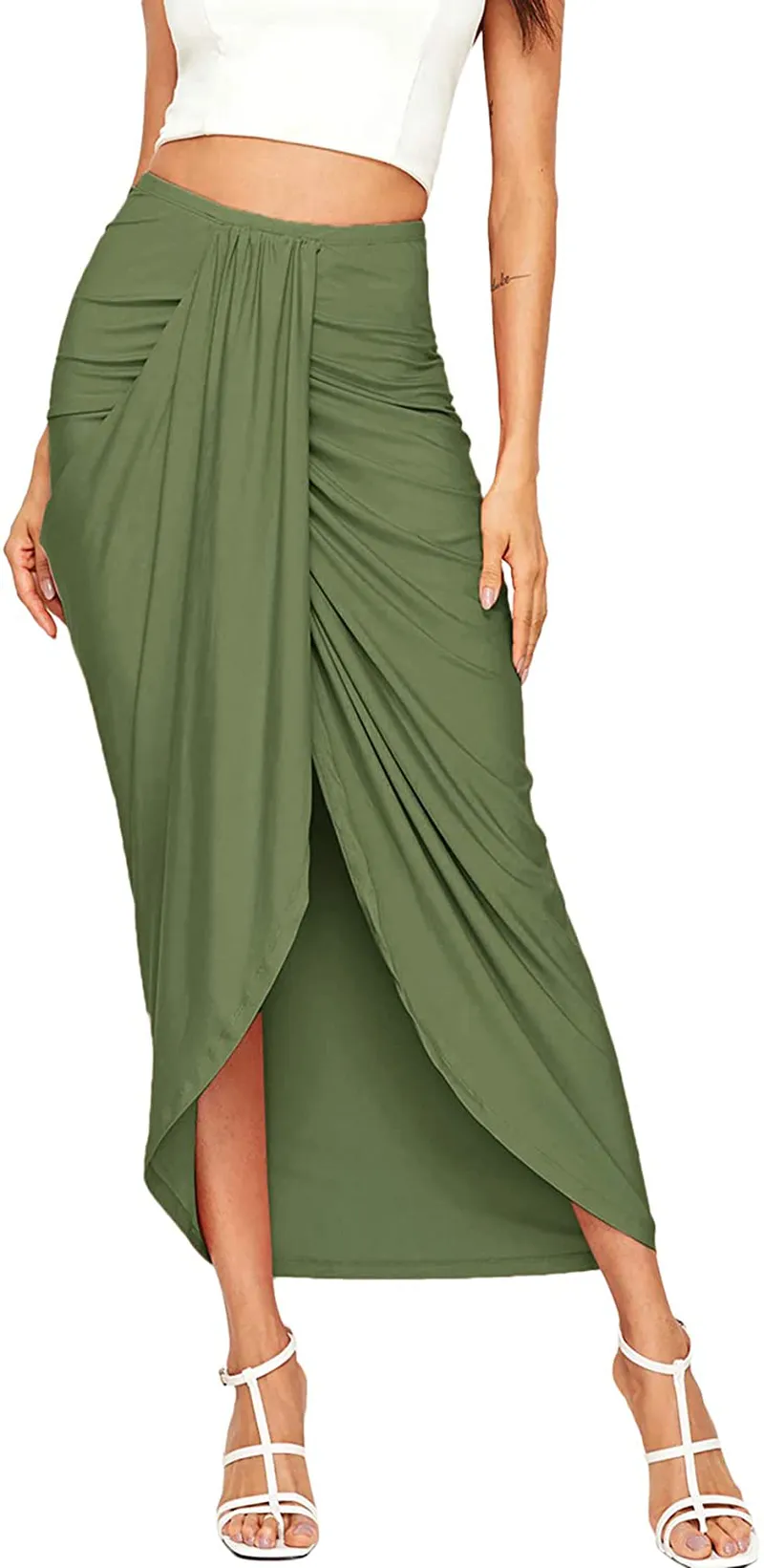 SheIn Women's Casual Slit Wrap Asymmetrical Elastic High Waist Maxi Draped Skirt