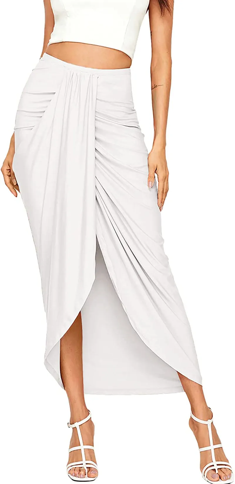 SheIn Women's Casual Slit Wrap Asymmetrical Elastic High Waist Maxi Draped Skirt