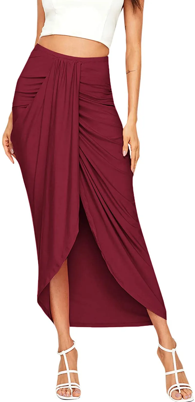 SheIn Women's Casual Slit Wrap Asymmetrical Elastic High Waist Maxi Draped Skirt