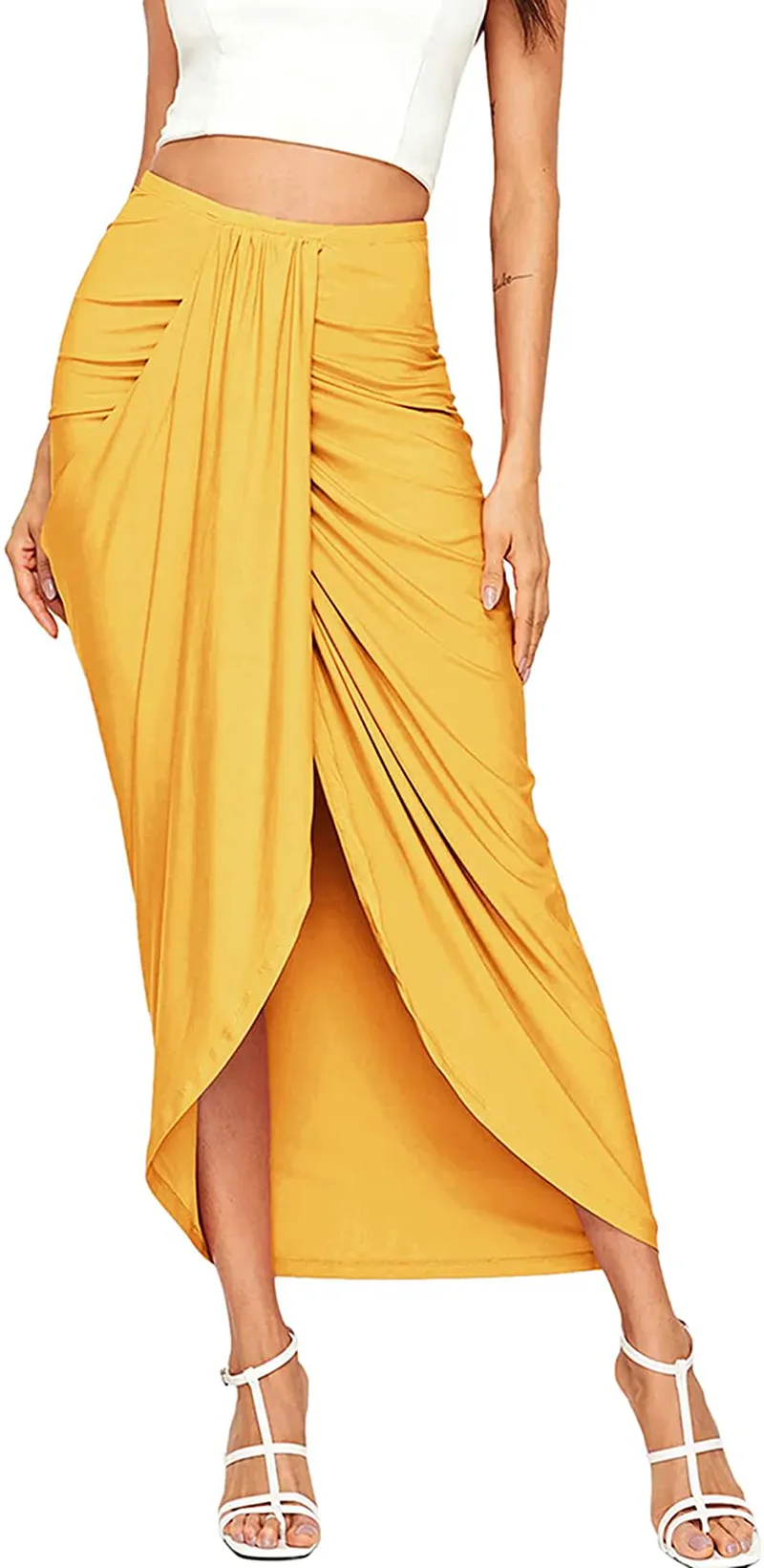 SheIn Women's Casual Slit Wrap Asymmetrical Elastic High Waist Maxi Draped Skirt