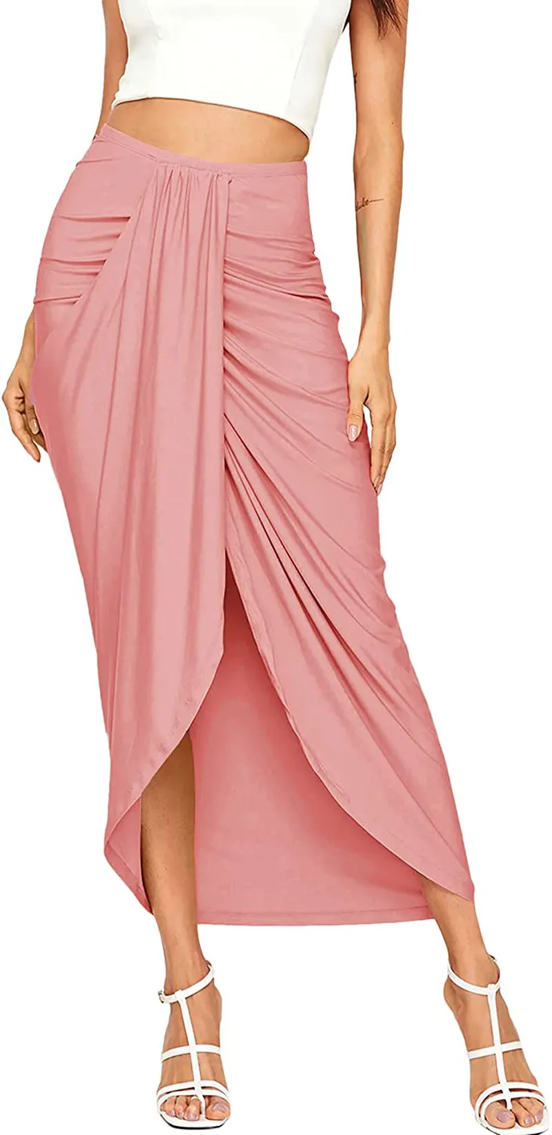 SheIn Women's Casual Slit Wrap Asymmetrical Elastic High Waist Maxi Draped Skirt