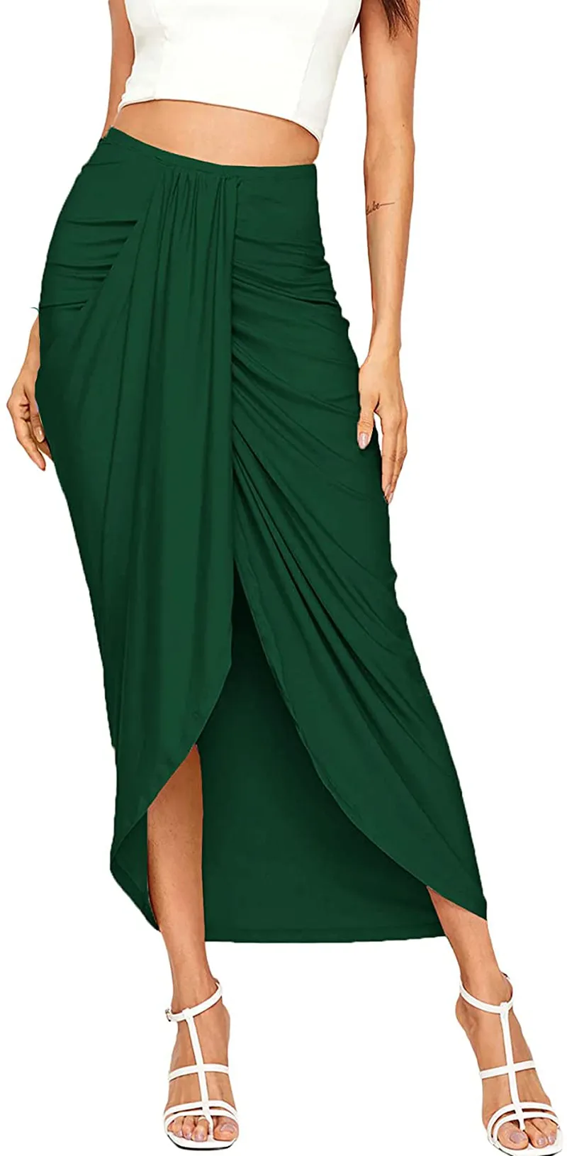 SheIn Women's Casual Slit Wrap Asymmetrical Elastic High Waist Maxi Draped Skirt