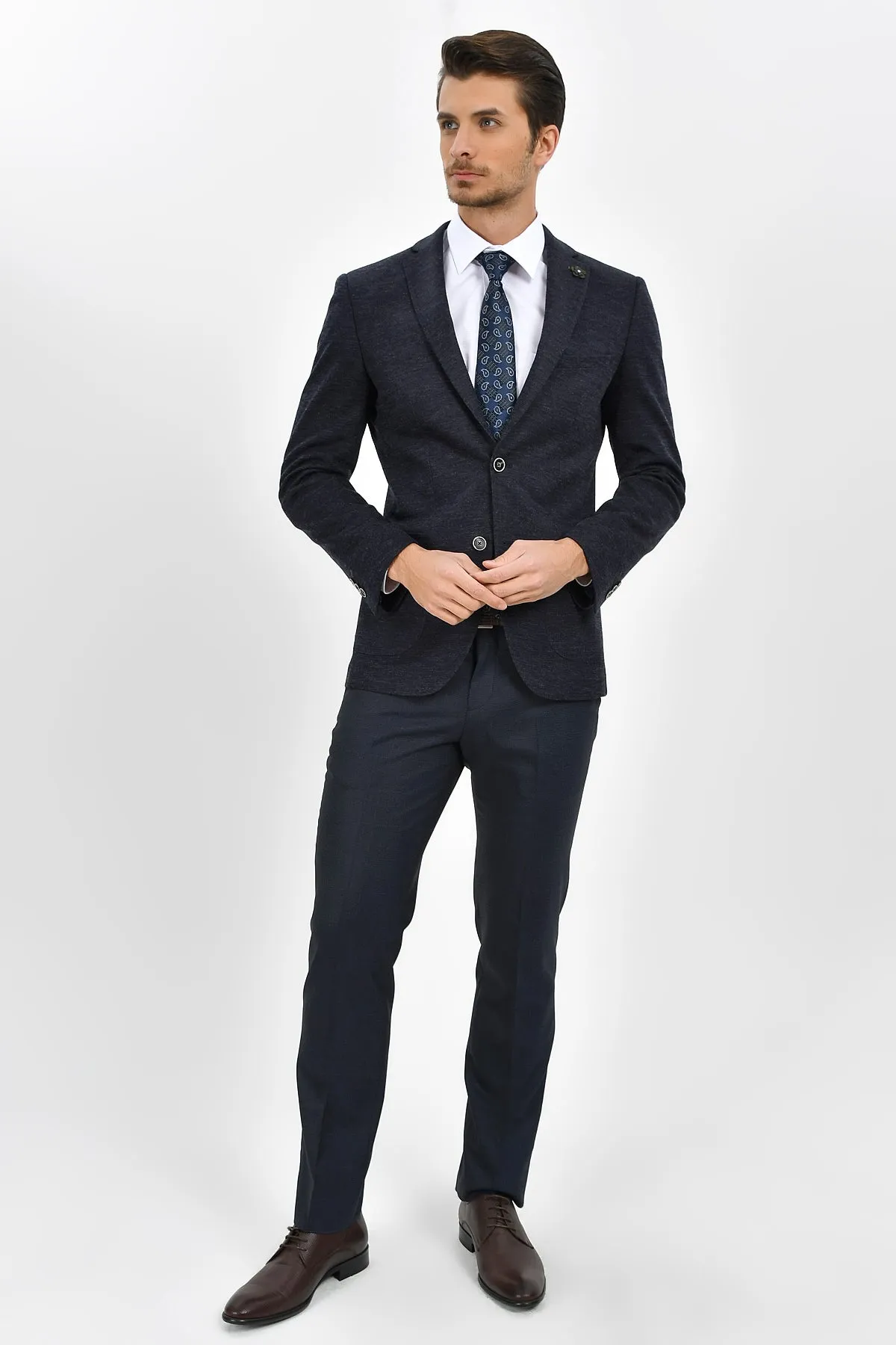 Slim Fit Dark Navy Side Pocket Low Waist Wool Dress Pants