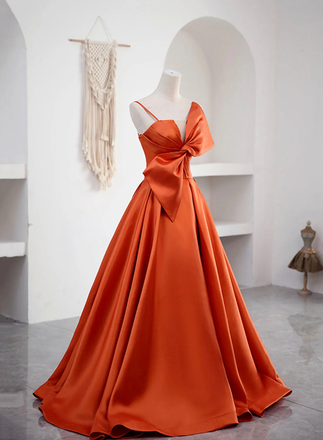 Spaghetti Straps Orange Satin Prom Formal Dress A-Line Floor Length Evening Dress