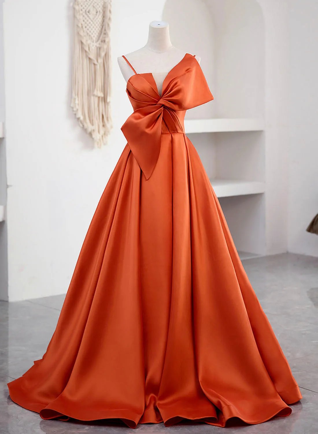 Spaghetti Straps Orange Satin Prom Formal Dress A-Line Floor Length Evening Dress