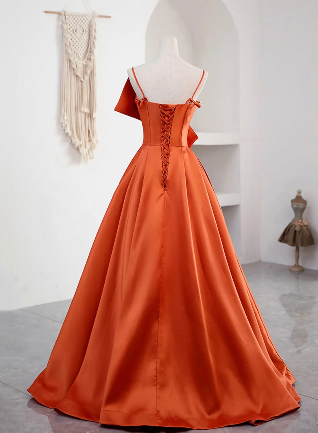 Spaghetti Straps Orange Satin Prom Formal Dress A-Line Floor Length Evening Dress