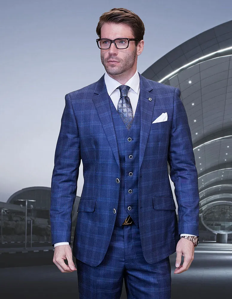 Statement 3 Piece Modern Fit Suit - Indigo Window Pane | 100% Wool | Super 200's