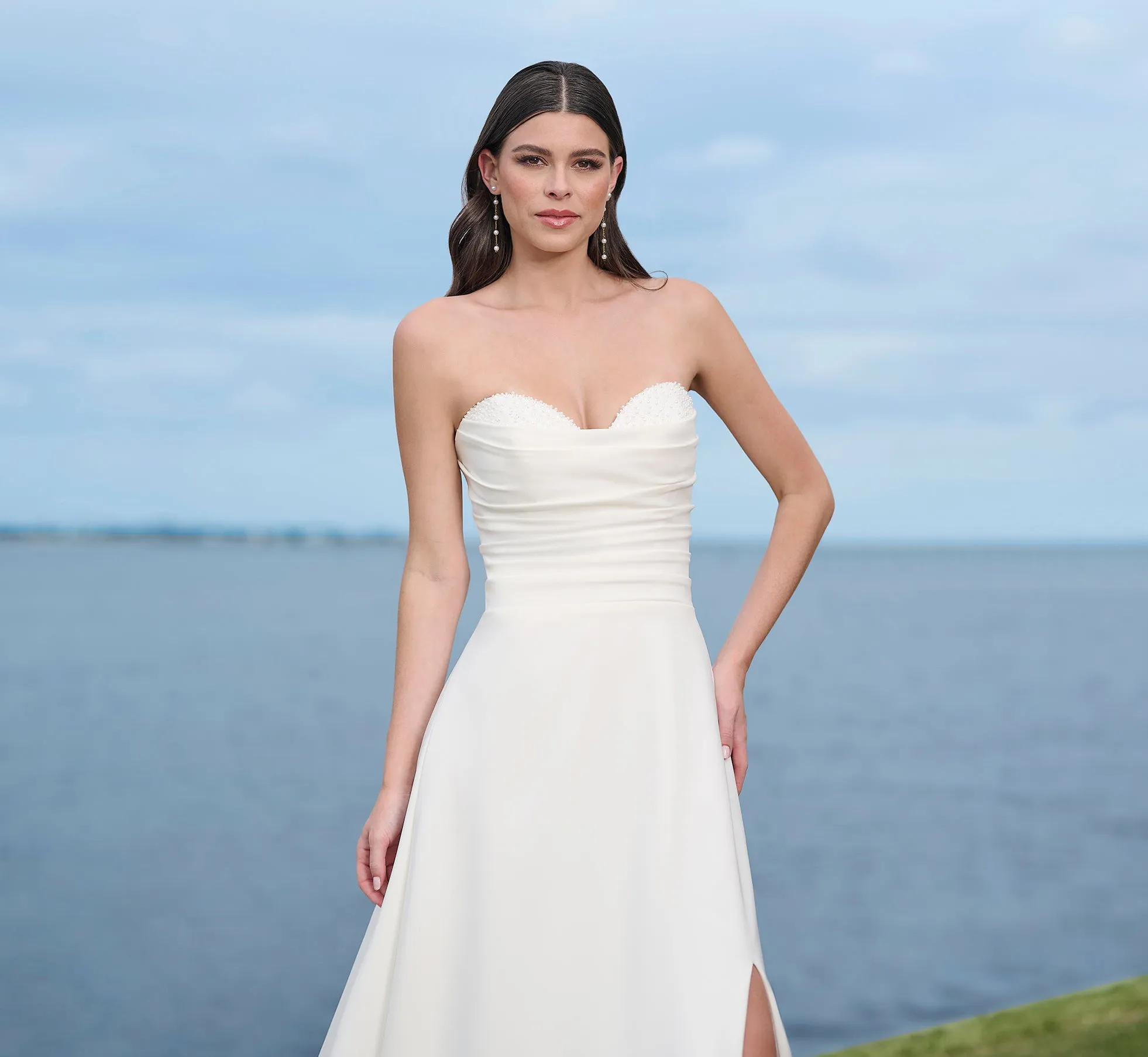 Stretch Crepe A-Line Gown With High Slit In Ivory