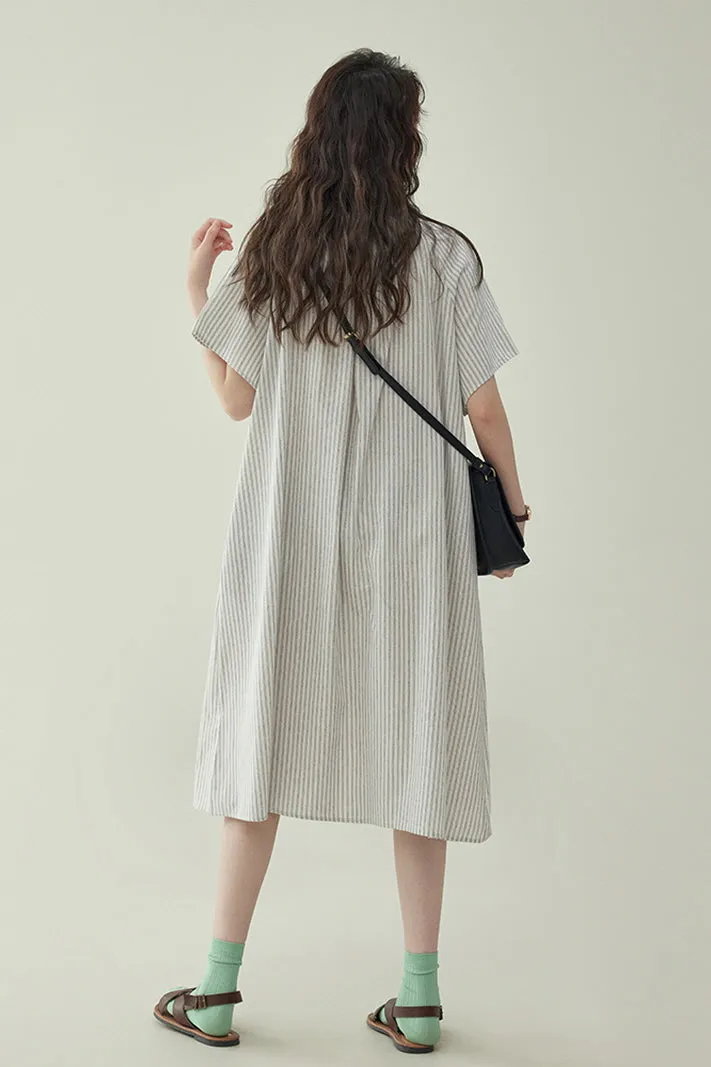 Striped Single-Breasted Short-Sleeved Shirt Dress & Slim Loose Fit