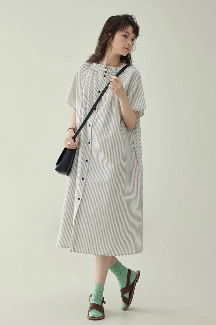 Striped Single-Breasted Short-Sleeved Shirt Dress & Slim Loose Fit