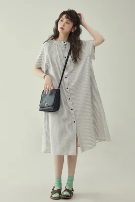 Striped Single-Breasted Short-Sleeved Shirt Dress & Slim Loose Fit