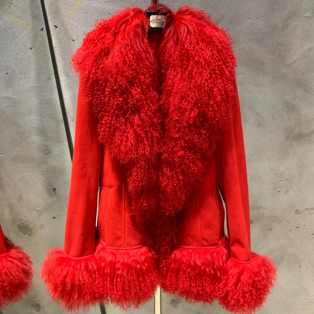 Suede Coat with Mongolian Fur Collar and Cuffs