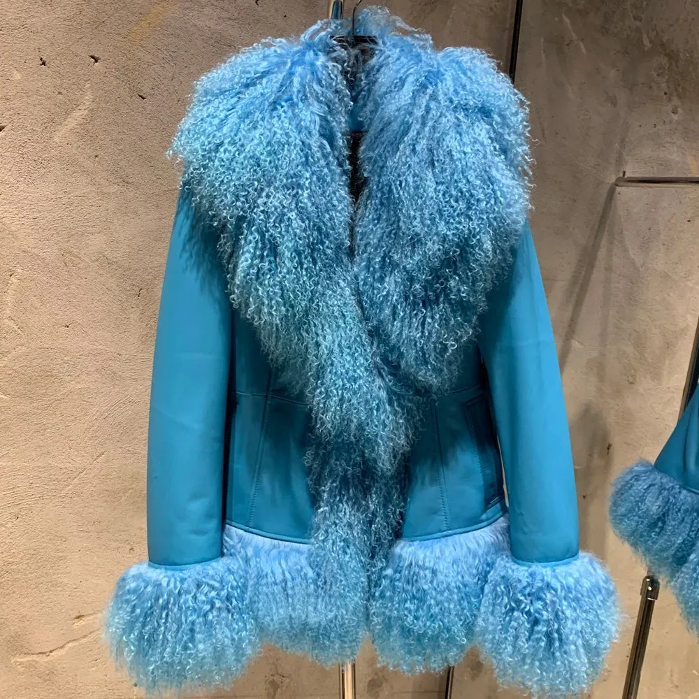 Suede Coat with Mongolian Fur Collar and Cuffs