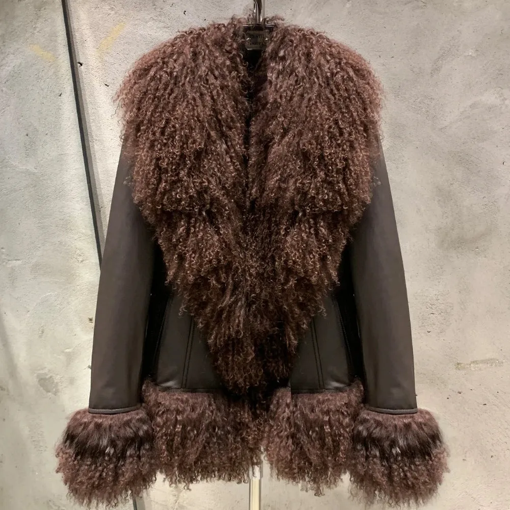 Suede Coat with Mongolian Fur Collar and Cuffs