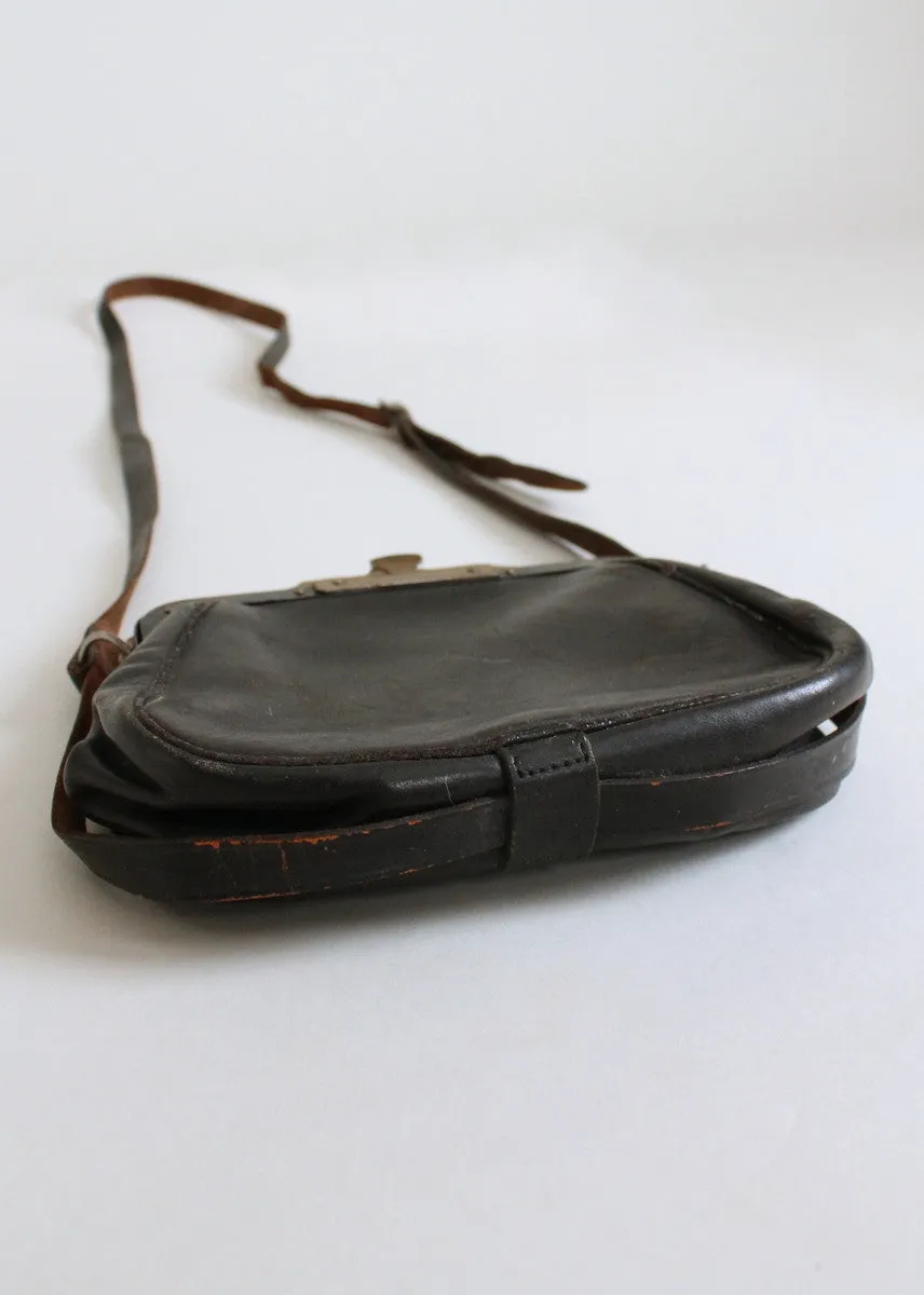 Vintage Edwardian Black Leather Shoulder Bag Purse