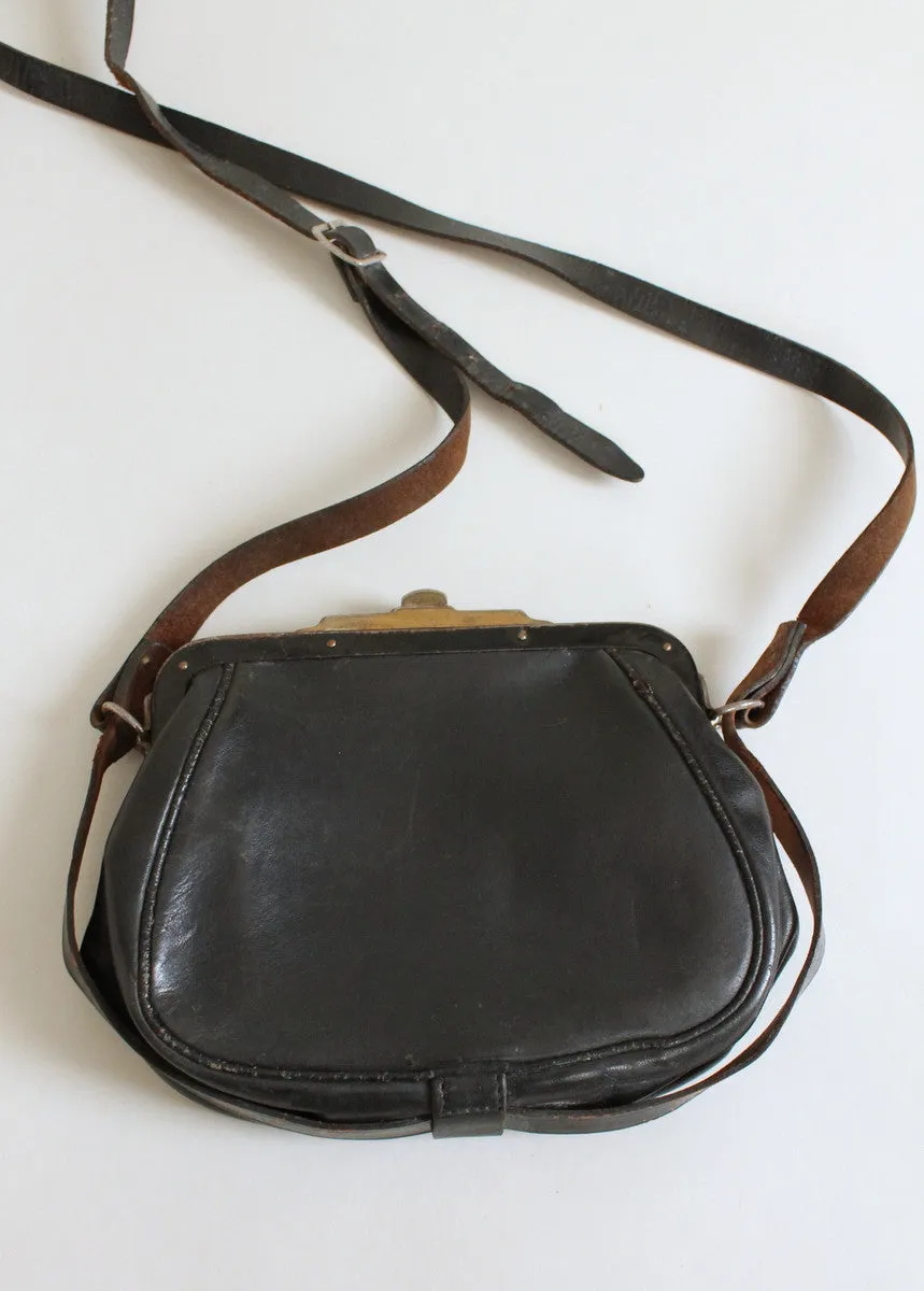 Vintage Edwardian Black Leather Shoulder Bag Purse